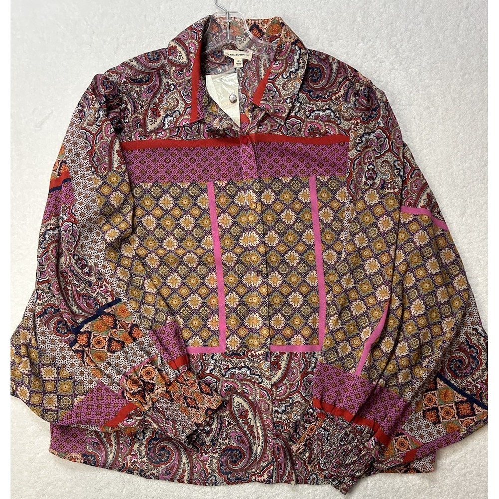 Ee:some Womens Size 1XL Button Down Balloon Sleeve Patchwork Paisley Top (S1)